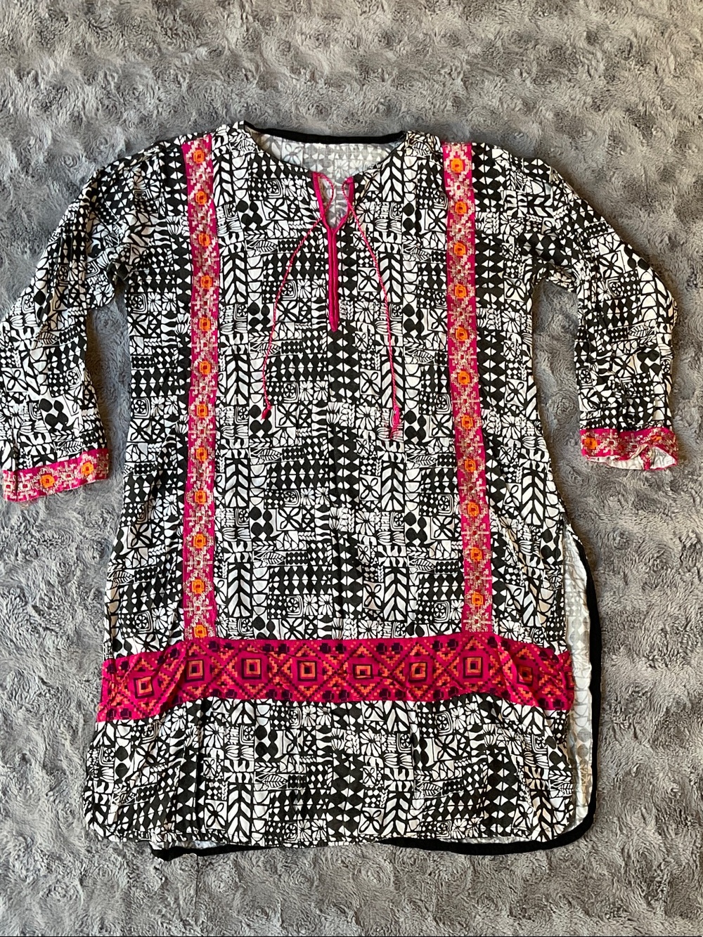 Black & Pink Patterned Women's Tunic Top / Kurta Dress